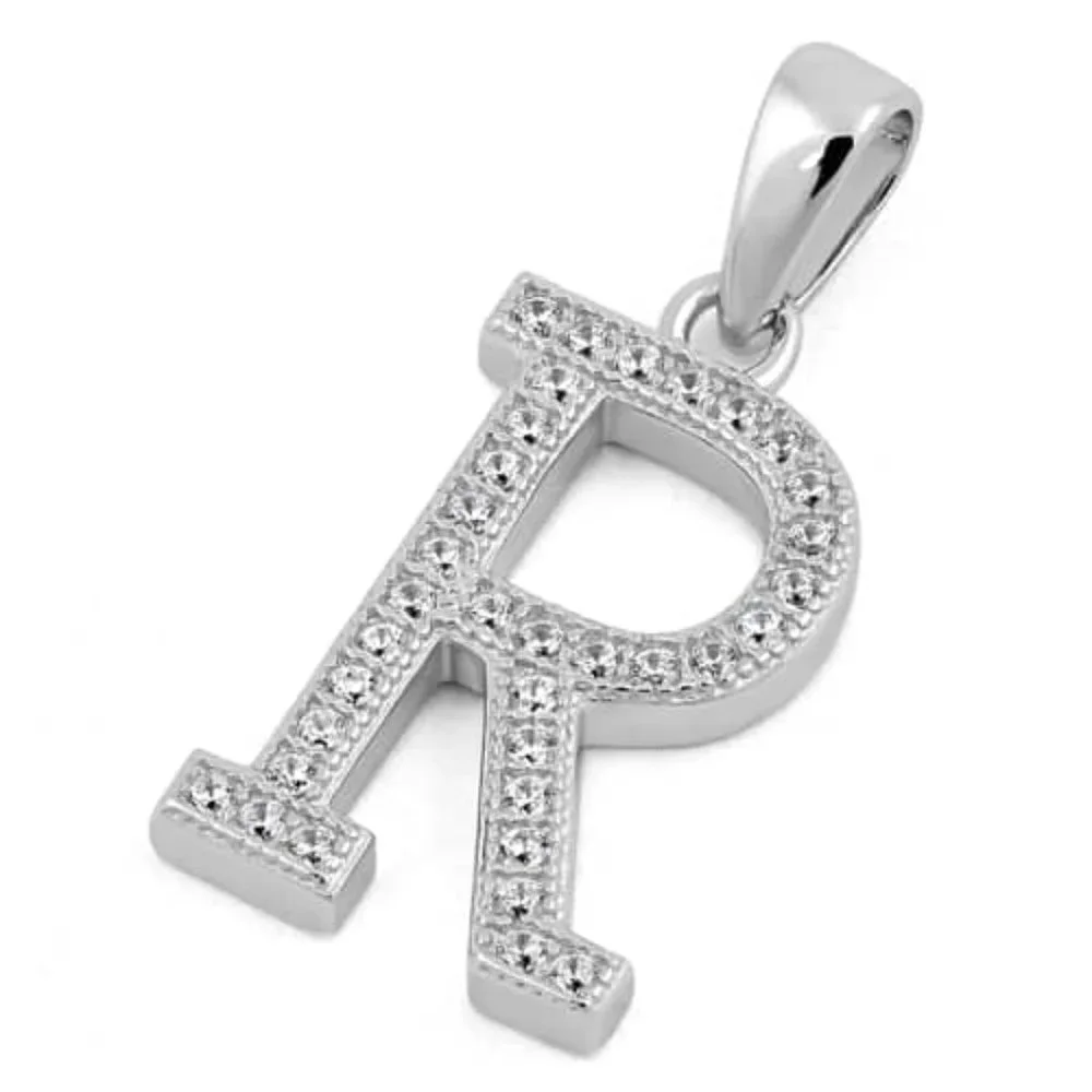 Sterling Silver Letter R CZ Initial Pendant - Picture 2 of 3